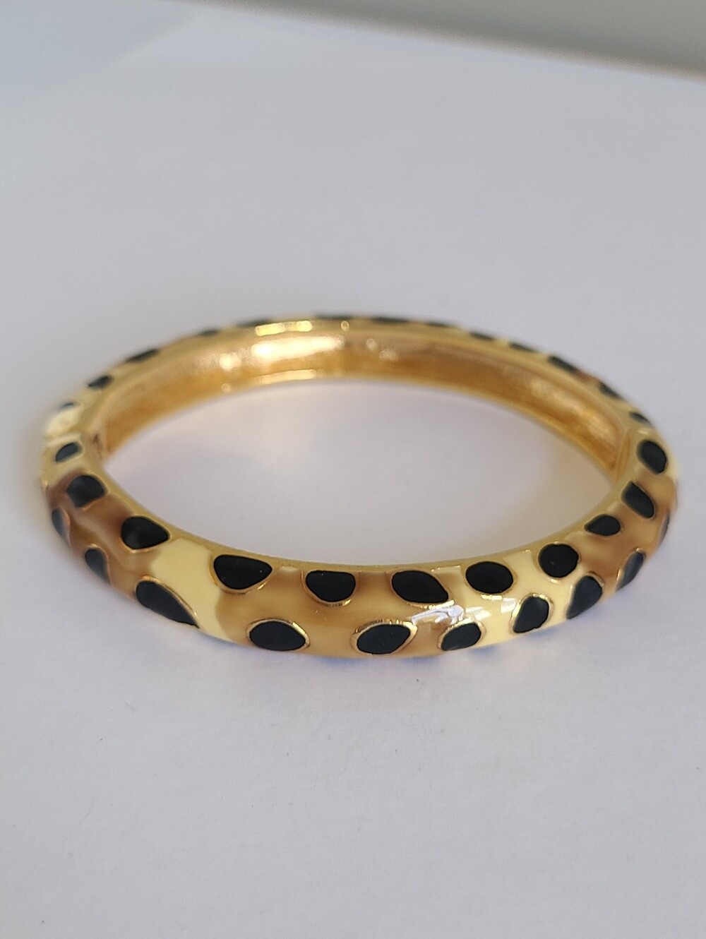 Vintage Kenneth Jay Lane Gold Tone Hinged Enamel Leopard Safari Bangle Bracelet